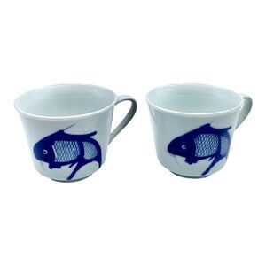 2 Blue & White Koi Fish Carp Tea Cups Mugs Hand Painted Porcelain Vintage